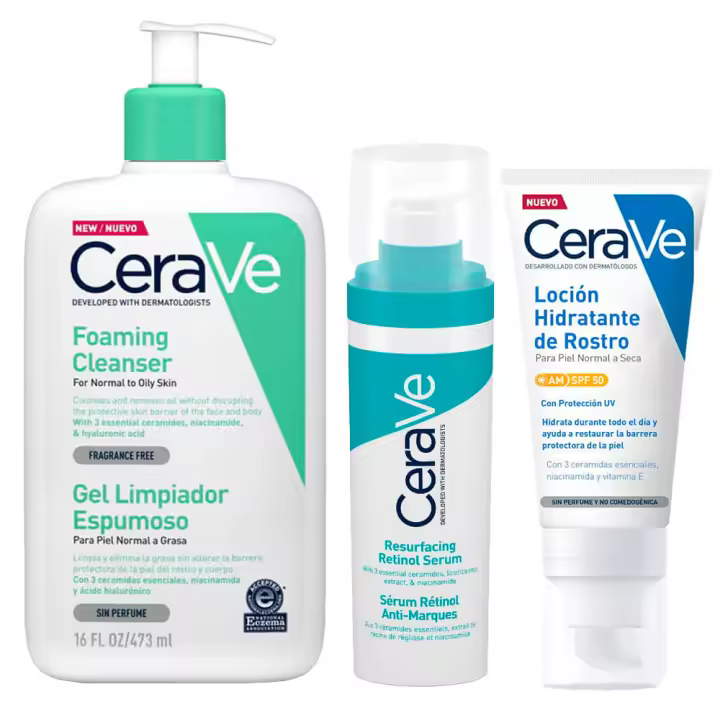 Rutina Cerave Gel Limpiador Espumoso 473 ml + Sérum Retinol Anti Marcas 30 ml + Loción Hidratante Piel N/S Am Spf50 52 ml - 1