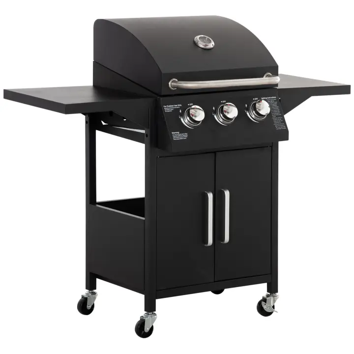 Outsunny Barbacoa de Gas con 3 Quemadores 8,7 KW Termómetro Parrilla de Gas con 2 Mesas Laterales Armario de 2 Puertas 4 Ruedas y Frenos Acero al Carbono para BBQ 121x55x109 cm Negro - 1
