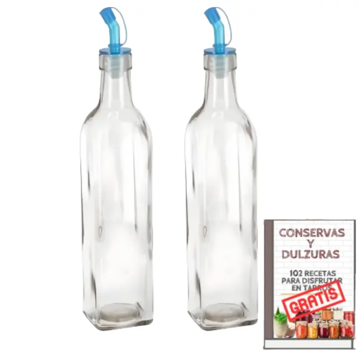 MundoTarros - Aceitera y Vinagrera de Cristal Transparente de 200 ml con Tapón a presión 100% Higiénico - 2 Botellas de Aceite y Vinagre de Cristal Resistente con Tapón - 1