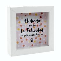 HUCHA DE MADERA Y CRISTAL ESPECIAL PARA REGALO DE CUMPLEAÑOS 15 x 5 x 15cm. Texto:  El dinero no da la felicidad pero caprichos si. - details 0