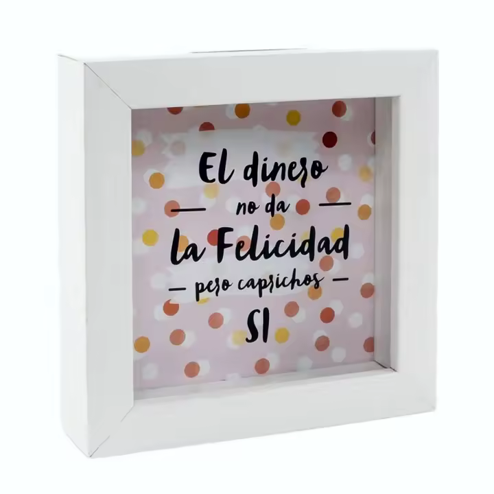 HUCHA DE MADERA Y CRISTAL ESPECIAL PARA REGALO DE CUMPLEAÑOS 15 x 5 x 15cm. Texto:  El dinero no da la felicidad pero caprichos si. - 1