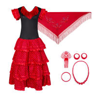 Vestido Flamenco Mujer Niña+Peineta+Collar+Pulsera+Pendientes+ mantón rojo flor , Vestido Sevillanas Español Tradicional para Feria Abril Sevilla Actuaciones Baile - details 5