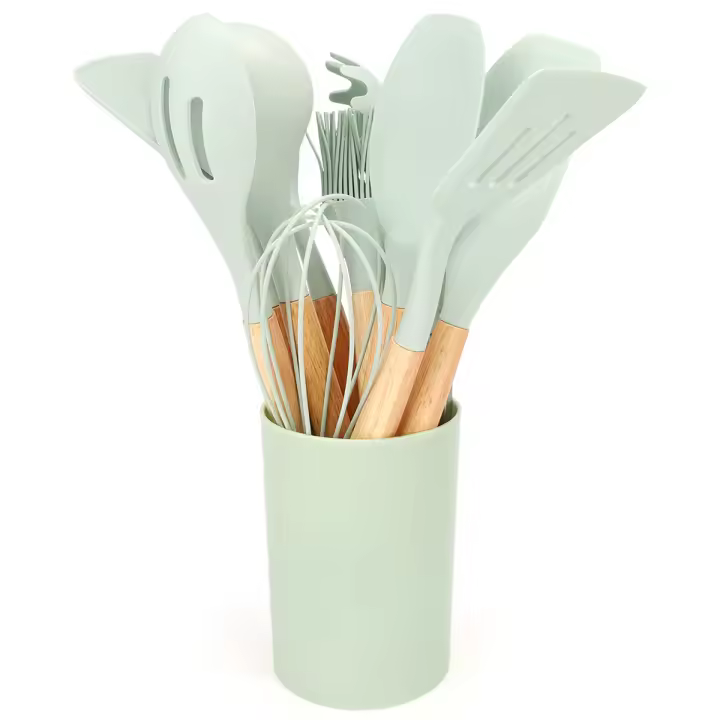 12Pcs Utensilios De Cocina De Silicona Con Cuchara Y Pala De Sopa Herramientas De Cocina Ecológicas Con Cesta De Almacenamiento Mano De Madera Antideslizante - 1