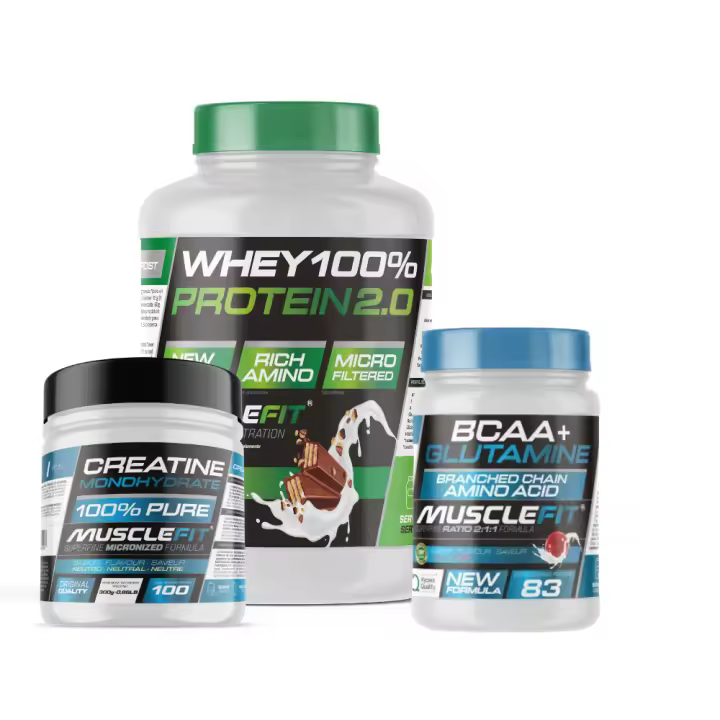 Musclefit PACK Súper Ahorro Proteína Whey 2kg + Creatina Monohidrato 300g + Glutamina + BCAA 500g + (regalo) - 1