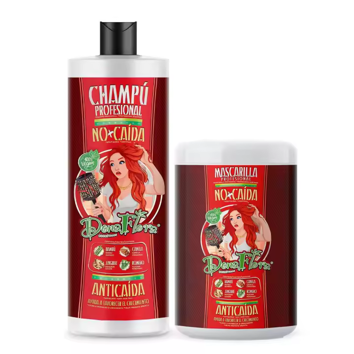 Pack Dona Flora No+caída. Champú 1000ml, Mascarilla Capilar 1000ml - Fuerza y Crecimiento: Romero, Jengibre, Canela, Bambú - 1