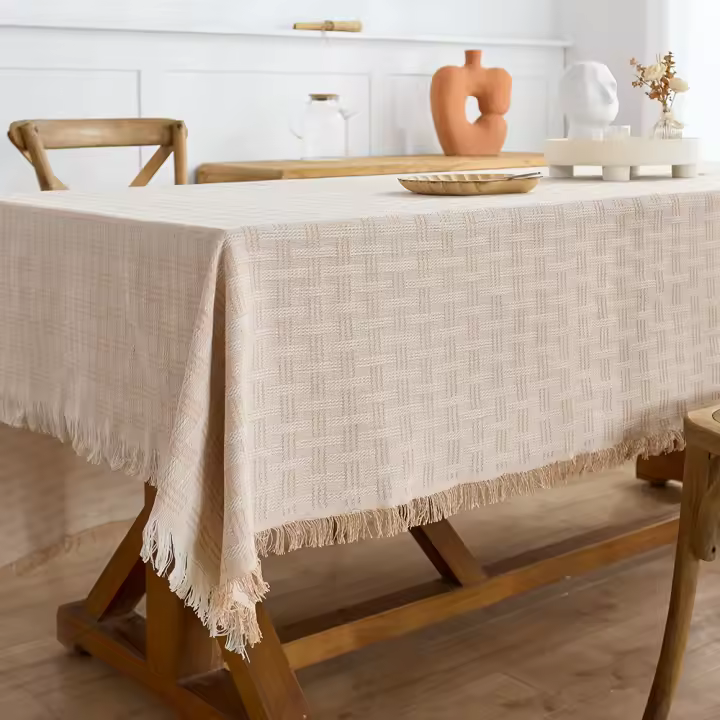 Mantel De Algodón Lino De Otoño En Gris Con Borlas Para Comedor Cocina Picnic Boda Estilo Rústico Farmhouse Cubierta De Malla - 1