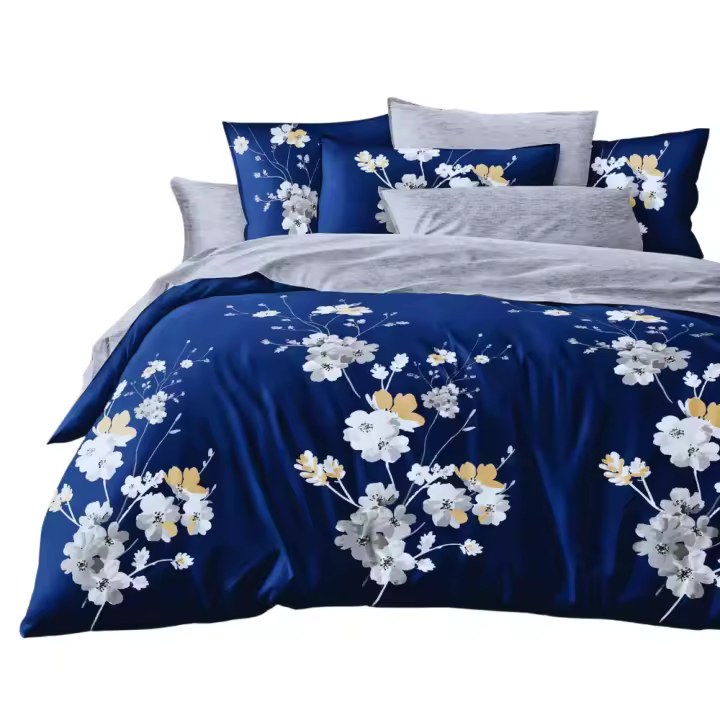 Juego de Funda Nórdica y Funda de Almohada Doble Azul Noche with Estampado Floral Blanco, Gris y Dorado - 1