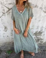 Falda Casual De Verano Manga Larga Cuello V Color Sólido Algodón Y Lino Ajuste Suave Vestido Midi Para Mujer - details 4