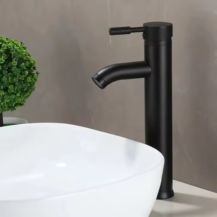 Grifo de baño de estilo minimalista negro, mezclador de agua fría y caliente, grifos de lavabo de acero inoxidable - 1