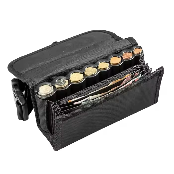 Organizador de Dinero con Portamonedas - Riñonera Camarero - Portamonedas Taxi - Clasificador de Monedas - Dispensador con 8 Huecos - 4 Organizadores de Billetes - Cinturón Ajustable - Monedero Negro - 1