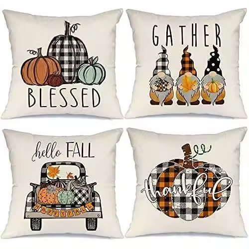 Juego de fundas de almohada x 50 cm con 4 fundas de almohada para decoración de otoño de casa de campo de Acción de Gracias - 1