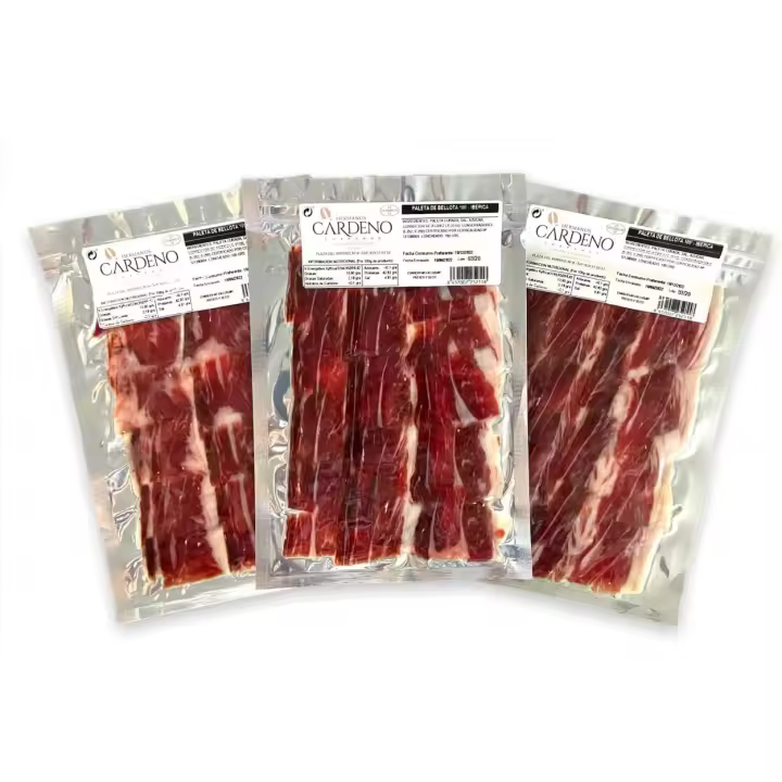 PALETA DE BELLOTA 100 % RAZA IBÉRICA, PROCEDENTE DE HUELVA, 3 SOBRES DE 100 GRAMOS, CORTADA A CUCHILLO. - 1