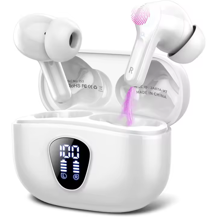 Auriculares Inalámtricos Bluetooth, Auriculares Bluetooth 5,3 Con Controlador de 14,2mm, Sonido Envolvent, 40Horas Cascos Inalámtricos con Reducción de Ruido, Pantalla LED, IP7 Impermeable, Blanco - 1