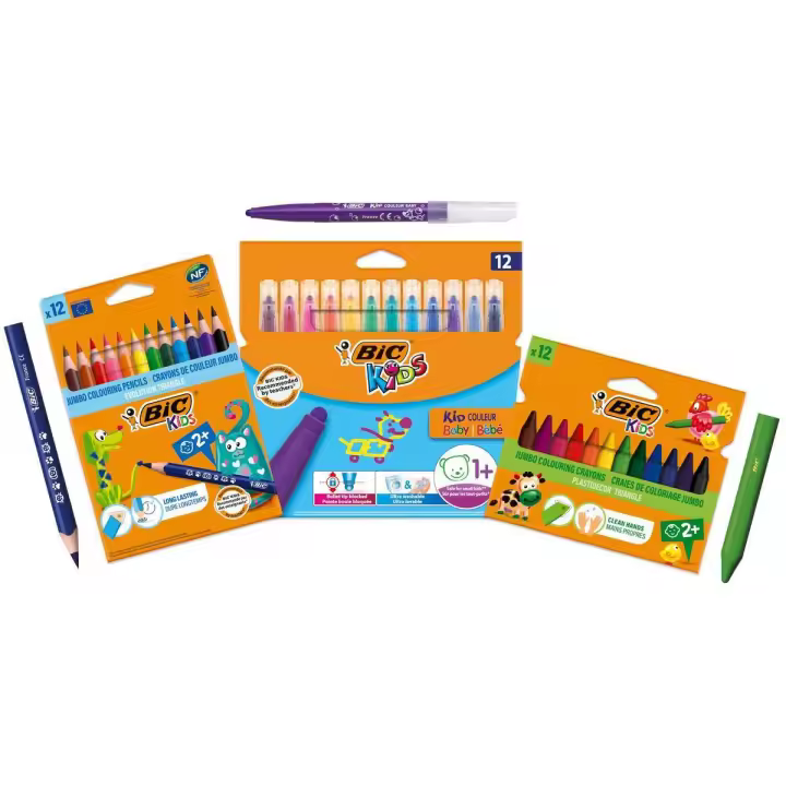 BIC Kids Set de Colorear para Niños, Lápices EvolutionECOlutionsTriangle, Rotuladores KidCouleurBaby y Ceras Plastidecor Triangle-Paquete de36(12+12+12) - 1