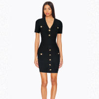 Vestido Bandage Negro Elegante De Verano Para Mujer Con Cuello En V Manga Corta Botones Metálicos Casual Para Fiesta De Playa Ropa De Calle Alta Comodidad Slim Fit Longitud De Rodilla - details 2