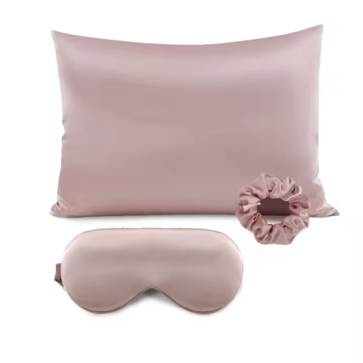 Funda almohada de seda natural con antifaz rosa - 1