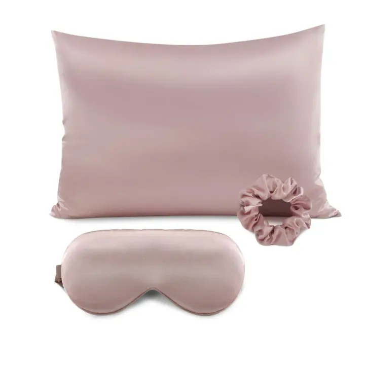 Funda almohada de seda natural con antifaz rosa - 1