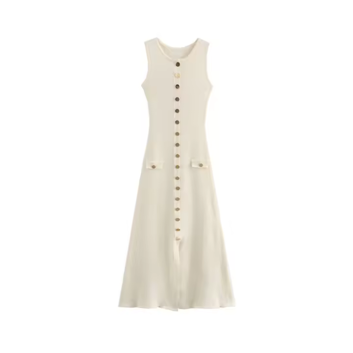 Vestido Midi Tejido De Mujer TRZA Chic Con Botones Dorados Estilo Casual Cuello Redondo Sin Mangas Silueta Recta Talla Media Estación Universal - 1