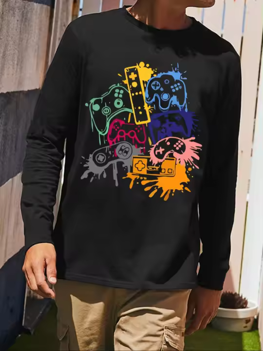 Camiseta De Manga Larga Para Hombre Con Impresión Cuello Redondo Versátil Casual De Verano Prenda De Vestir Para Todo El Año - 1