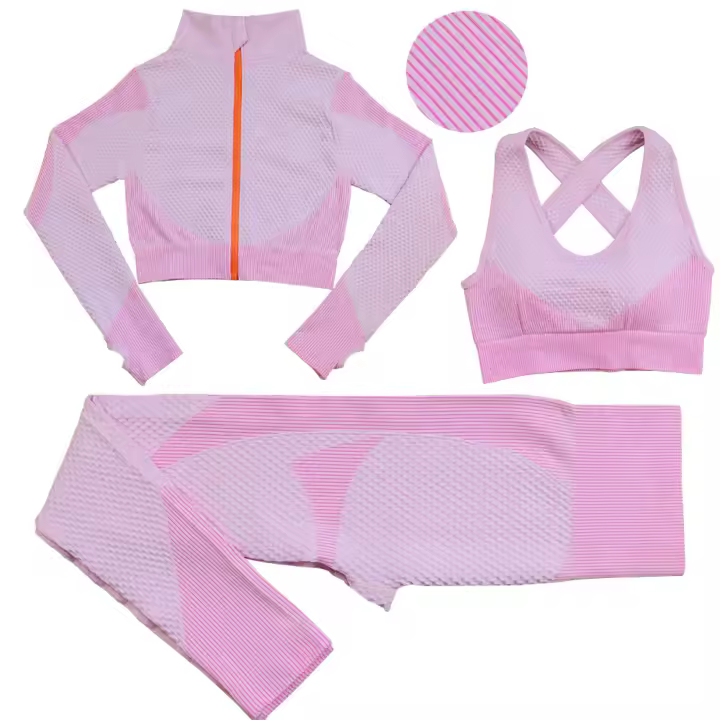SSITO Conjunto de entrenamiento para Mujer, de 3 piezas chándalo, leggings de yoga sin Costura with Realce de cadera y sujetador Deportivo elástico, Conjunto de ropa de Gimnasio - 1