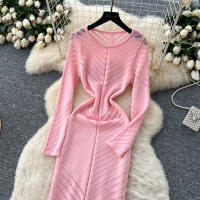 Vestido Largo Vintage De Cintura Alta REALEFT Para Mujer Con Cuello Redondo Manga Larga Y Abertura Lateral Vestido De Encaje Tricotado - details 11