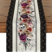 Mantelos De Lino Tejidos Con Estampado De Rosas Y Calaveras Para Decoración De Fiesta Del Día De Muertos Y Halloween Mantel Lavable Para Comedor De Casa Y Cocina - details 18
