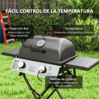 Outsunny Barbacoa de Gas con 2 Quemadores de Acero Inoxidable 2,8 KW Barbacoa Portátil con Mesas Laterales Plegables Bandeja Extraíble Termómetro y 2 Ruedas para Pícnic Camping 101x50x102 cm Negro - details 5