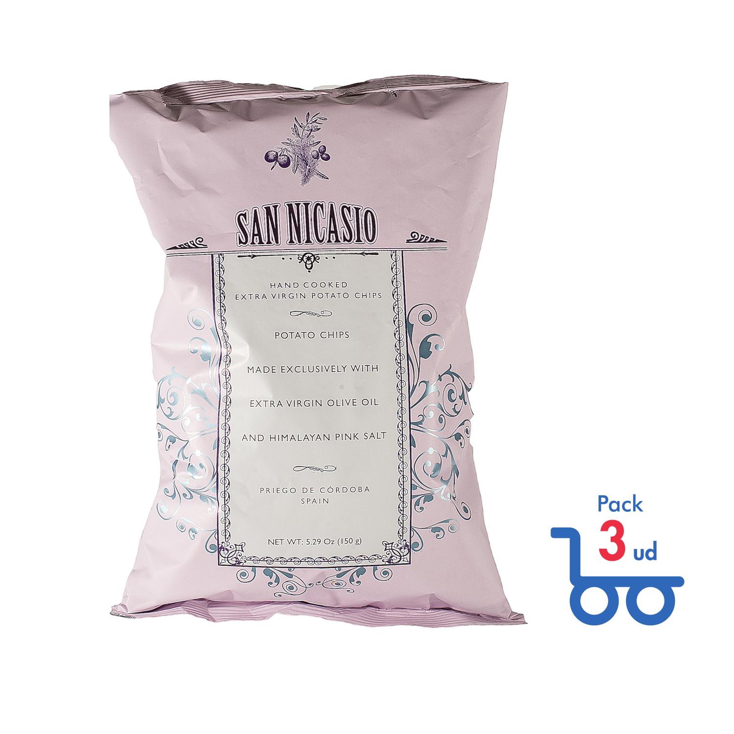 [Pack 3 ud] San Nicasio Patatas Fritas en Aceite de Oliva Virgen Extra con Sal Rosa del Himalaya Bolsa 150 g