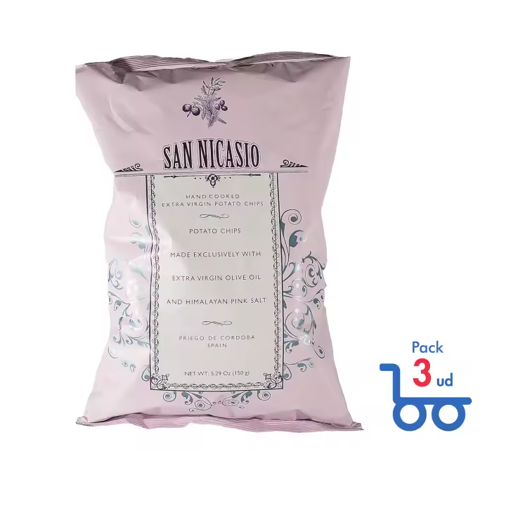 [Pack 3 ud] San Nicasio Patatas Fritas en Aceite de Oliva Virgen Extra con Sal Rosa del Himalaya Bolsa 150 g - 1