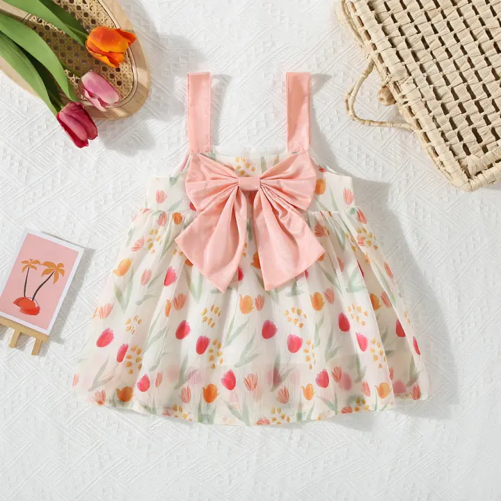 Vestido De Verano Para Niña Con Gran Lazo Y Estampado De Tulipán Vestido De Princesa Con Suspensión Material De Poliéster Sin Mangas Longitud De Pierna - 1