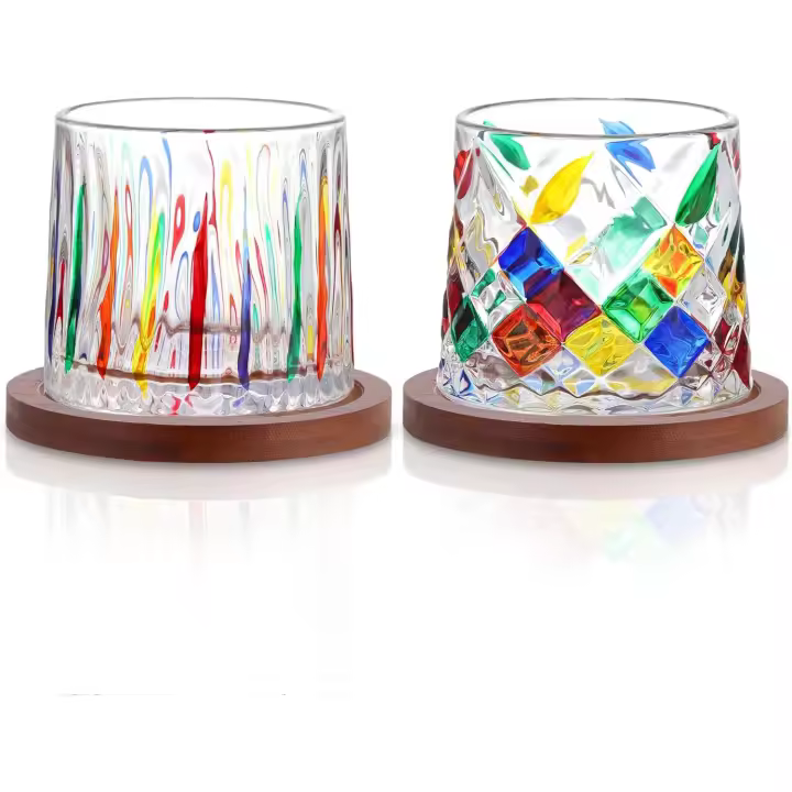 Hand Painted Crystal Whisky Glasses Set of 2-270ml Rotatable Rocking Glasses with Wooden Coaster - Tilted Bar Whiskey Tumbler for Rum, Bourbon - 1