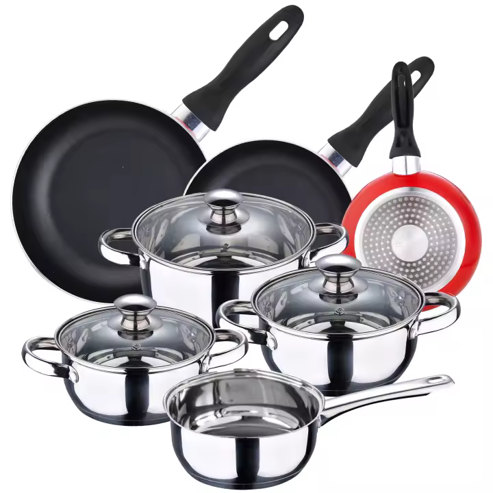 Batería de Cocina San Ignacio 7 Piezas en acero inoxidable Faro y juego de sartenes rojo en aluminio prensado 16/20/24 cm - 1