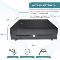 Cajón Portamonedas Caja Registradora - Apertura Automática RJ11 o Manual con Llaves - Organizador de Dinero 4 Compartimentos para Billetes 8 para Monedas - 41x41cm - Estructura Metálica - Color Negro - details 0
