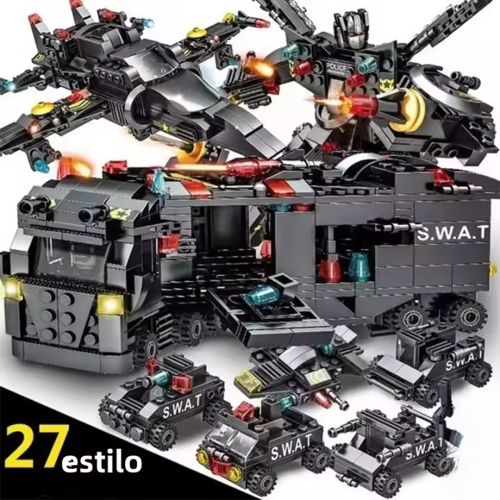 Kit De Construcción De Bloques SWAT 585pcs 8en1 Camión De Comando De Estación De Policía Helicóptero De La Ciudad Juguetes Educativos Para Niños - 1