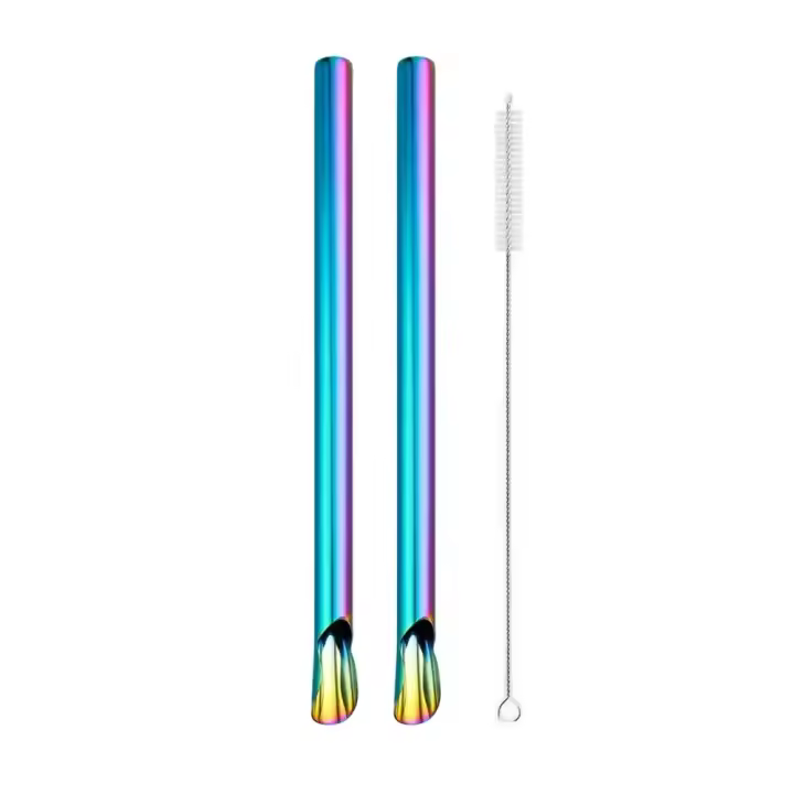 Juego De 2 Pajas Reutilizables Con Cuchara Y Cepillo De Acero Inoxidable 304 Para Beber Duraderas Y Ecológicas - 1