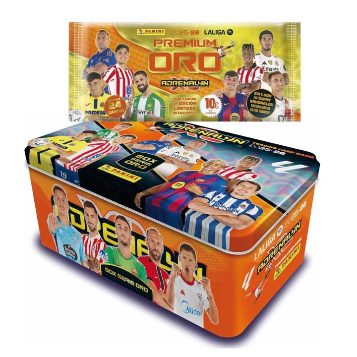 Tin Box Serie Oro + Sobre Premium Oro Adrenalyn XL 2025/2026, Te Permite Obtener 69 Cards Espectaculares de La Colección Oficial Panini