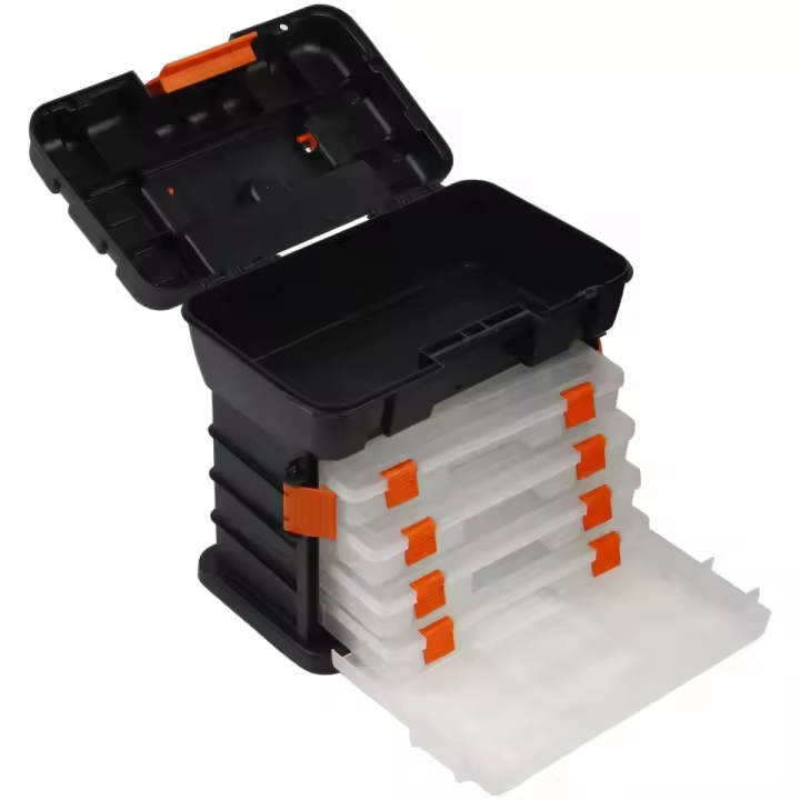 Caja de Herramientas tipo Cajonera con 4 Maletin 27x18x26,5 cm, Negra y Naranja, con varios compartimentos individuales. diferentes divisiones para almacenamientos de herramientas, bricolajes, tornillerias - 1
