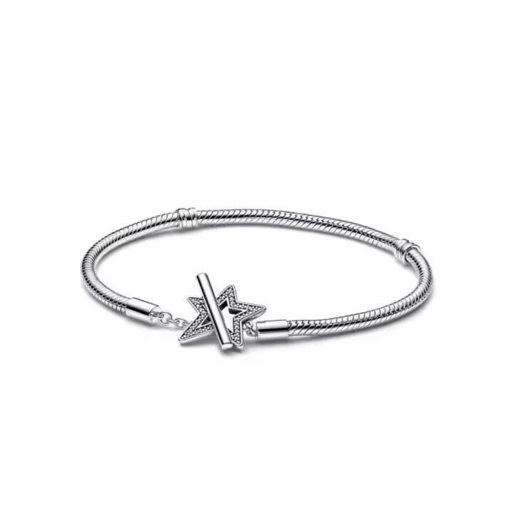 PANDORA Pulsera con hebilla de estrella, diseño simple,Moments, pulsera de cadena con hueso de serpiente y hebilla en T en forma de estrella asimétrica - 1
