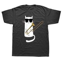 Camiseta De Algodón Gráfica Con Gato Divertido Y Lentes De Sol Tocando Trombón Estilo Callejero Manga Corta Regalos De Cumpleaños Veraniego Para Hombre - details 0