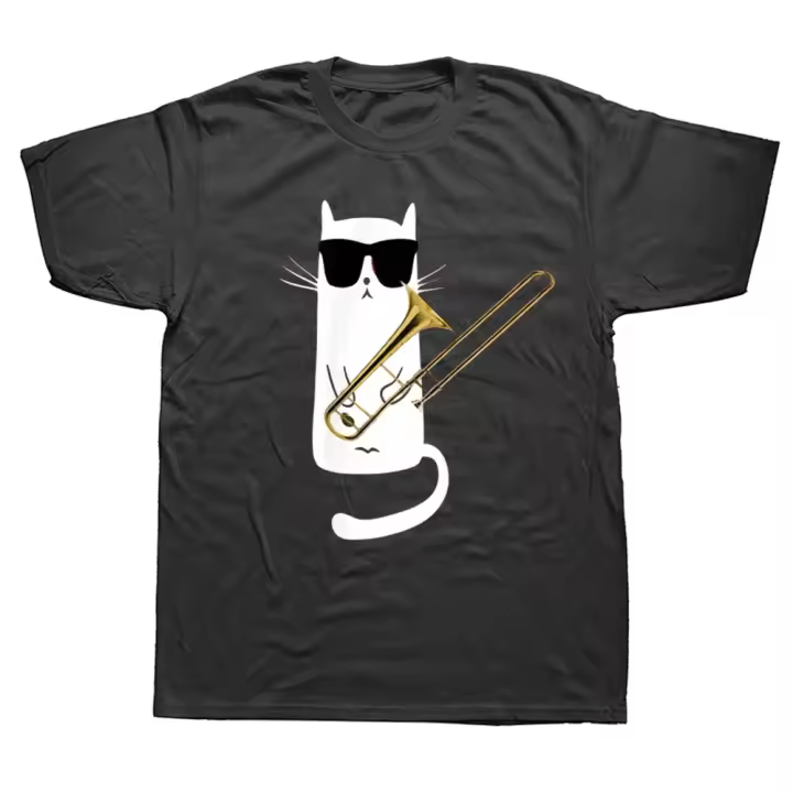 Camiseta De Algodón Gráfica Con Gato Divertido Y Lentes De Sol Tocando Trombón Estilo Callejero Manga Corta Regalos De Cumpleaños Veraniego Para Hombre - 1