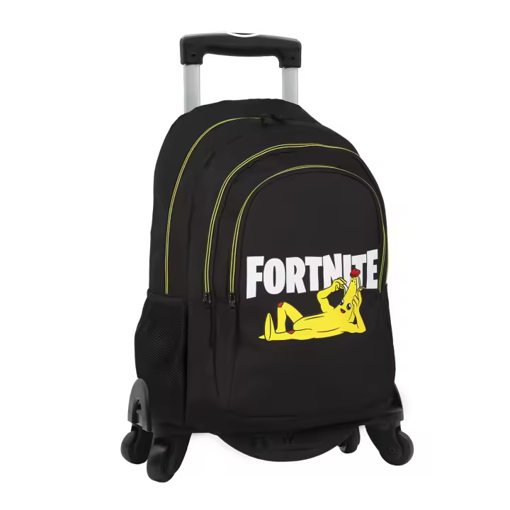 DAM Fortnite Crazy Banana mochila primaria doble compartimento + carro  con protección lateral y stoper frontal, 4 ruedas multidireccionales. 31x18x42 Cm. Color: Negro - 1