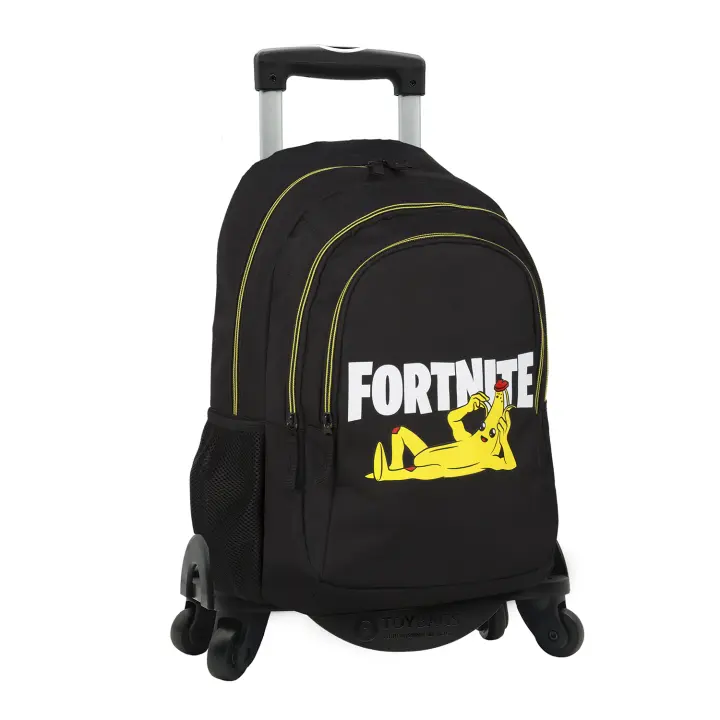 DAM Fortnite Crazy Banana mochila primaria doble compartimento + carro  con protección lateral y stoper frontal, 4 ruedas multidireccionales. 31x18x42 Cm. Color: Negro - 1