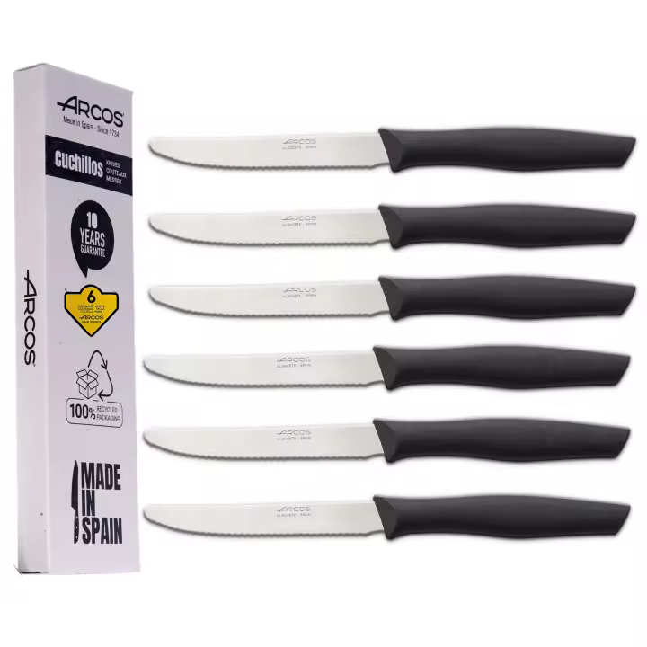 Arcos Juego Cuchillos Carne Cuchillo chuleteros Cuchillos Sin Punta Cuchillos Mesa  6 Uds  Hoja 110 mm  Acero Inoxidable  Mango Nylon  Apto lavavajillas  Envase Ecológico (Filo Serrado) - 1