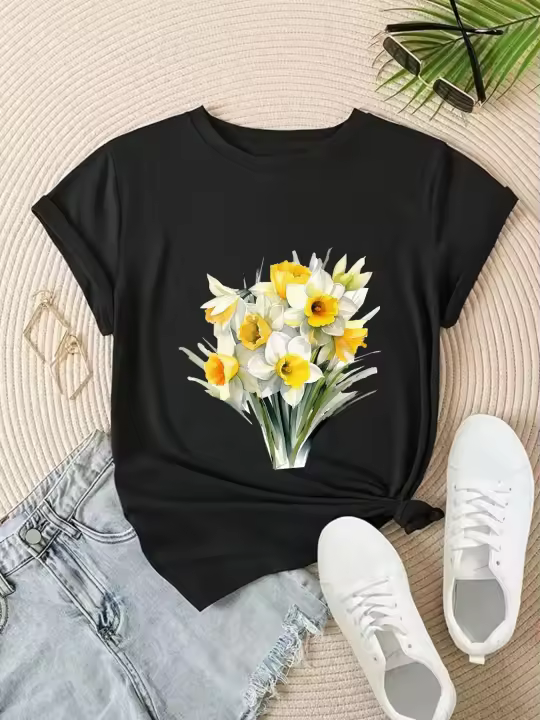 Camiseta De Mujer Con Estampado De Margarita Amarilla Corta Estilo Casual Cuello Redondo Para Primavera/Verano Top Gráfico - 1