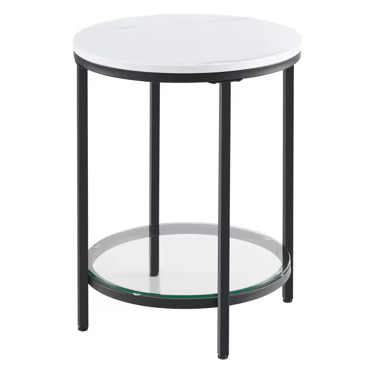 VASAGLE Mesa Auxiliar Redonda de 2 Niveles, Mesita de Noche, Encimera de Aglomerado y Estante de Vidrio Templado, para Salón, Dormitorio, Estudio, Minimalista Moderna, Blanco Mármol y Negro - 1