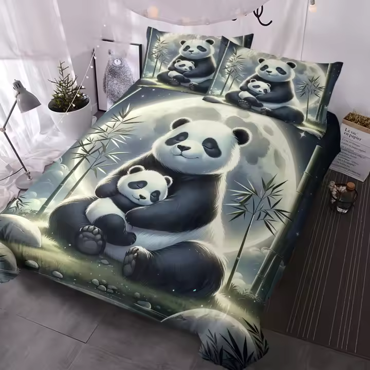 Juego De Cama Panda Luna 3 Piezas Con Fundas De Almohada Para Adultos Y Adolescentes Microfibra Animal Impresión Edad Indiferente Estilo Moderno - 1
