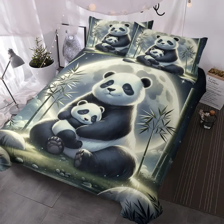 Juego De Cama Panda Luna 3 Piezas Con Fundas De Almohada Para Adultos Y Adolescentes Microfibra Animal Impresión Edad Indiferente Estilo Moderno - 1