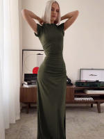 Vestido Maxi Bodycon Dulzura Con Cuello En 'O' Manga Corta Y Abertura En El Lado Elegante Y Ajustado Para Mujer Streetwear Otoño Invierno - details 9