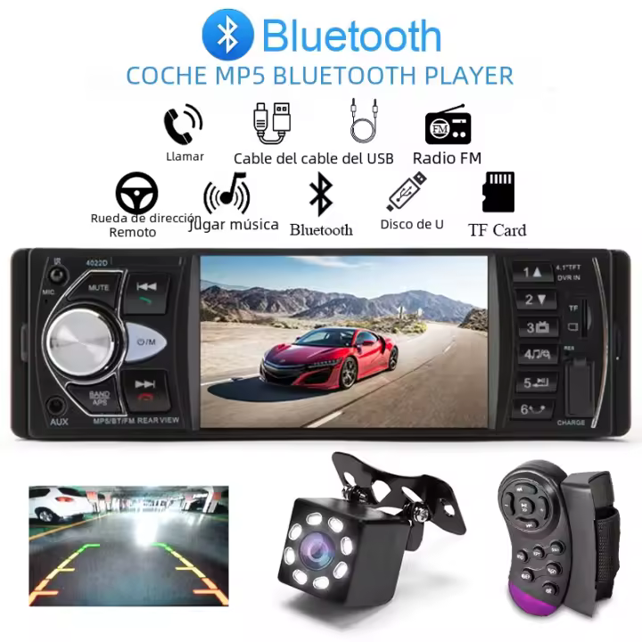 Radio de Coche 1Din Stereo Bluetooth MP5 MP3 Pantalla Táctil de 4,1 pulgadas, Control de Volante, Vista Trasera, Emisión Satelital - 1