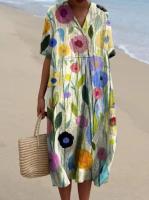 Vestido Midi De Algodón Y Lino Sólido Para Mujer Estilo Casual Verano Manga Corta Cuello En V Vestido De Playa Vacaciones - details 7